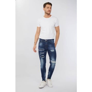 Blue White Erkek Skinny Fit Destroy Koyu Mavi Jean