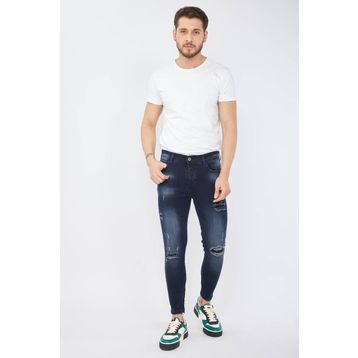 Blue White Erkek Skinny Fit Destroy Lacivert Jean