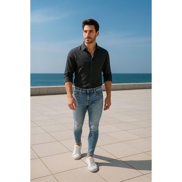 Blue White Erkek Skinny Ripped Açık Mavi Jean