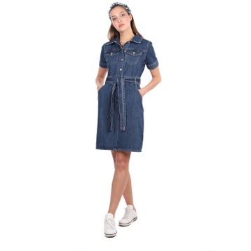 Blue White Kısa Kol Jean Kadın Elbise
