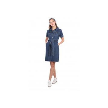 Blue White Kısa Kol Jean Kadın Elbise