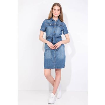 Blue White Kısa Kol Jean Kadın Elbise