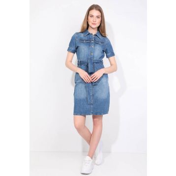 Blue White Kısa Kol Jean Kadın Elbise
