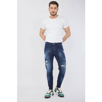 Blue White Koyu Mavi Erkek Skinny Fit Boya Detaylı Jean