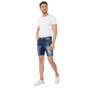 Blue White Koyu Mavi Erkek Yama Detaylı Jean Şort