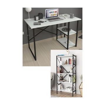 Bofigo 2 Raflı Çok Amaçlı Masa + 5 Raflı Beyaz Metal Kitaplık