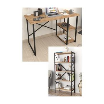 Bofigo 2 Raflı Çok Amaçlı Masa + 5 Raflı Çam Metal Kitaplık