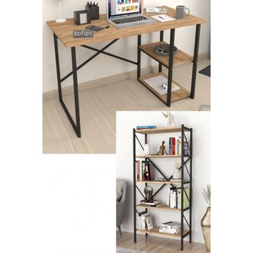 Bofigo 2 Raflı Çok Amaçlı Masa + 5 Raflı Çam Metal Kitaplık
