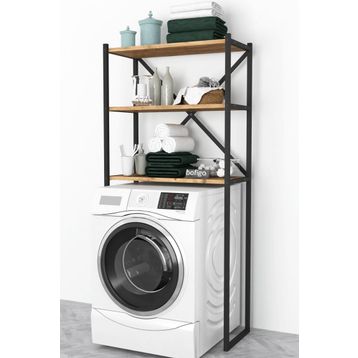 Bofigo 3 Raflı Çam Banyo Çamaşır Makinası Üstü Düzenleyici Metal Raf