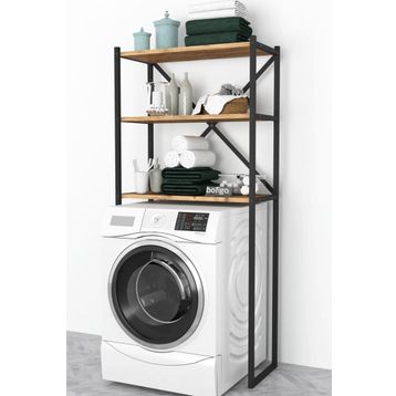 Bofigo 3 Raflı Çam Banyo Çamaşır Makinası Üstü Düzenleyici Metal Raf