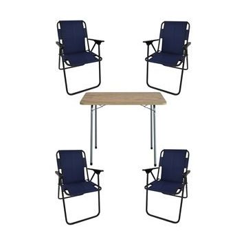 Bofigo 60x80 cm Çam Desenli Katlanır Masa + Katlanır Lacivert 4 Adet Sandalye Kamp Seti