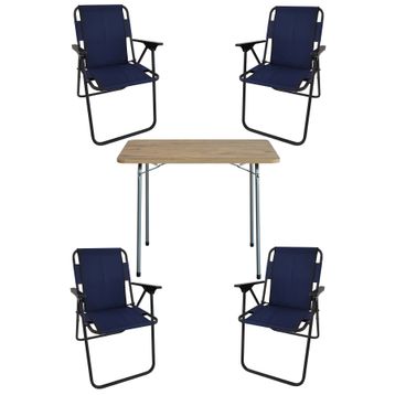 Bofigo 60x80 cm Çam Desenli Katlanır Masa + Katlanır Lacivert 4 Adet Sandalye Kamp Seti