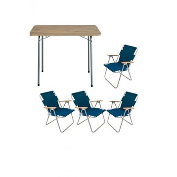 Bofigo 60x80 cm Çam Desenli Katlanır Masa + Katlanır Mavi 4 Adet Sandalye Kamp Seti