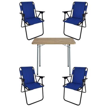 Bofigo 60x80 cm Çam Desenli Katlanır Masa + Katlanır Mavi 4 Adet Sandalye Kamp Seti