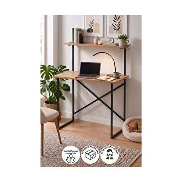 Bofigo 90x45 cm Atay Çam Kahverengi Raflı Çalışma Masası Laptop Masası Çocuk Çalışma Masası Ders Masası