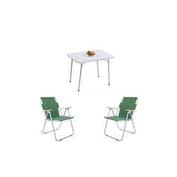 Bofigo Beyaz 60x80 cm Kamp Masası + Katlanabilir Ahşap Kollu 2 Adet Yeşil Kamp Sandalyesi