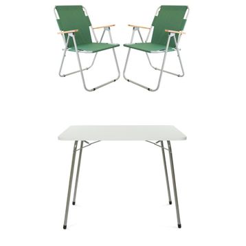 Bofigo Beyaz 60x80 cm Kamp Masası + Katlanabilir Ahşap Kollu 2 Adet Yeşil Kamp Sandalyesi