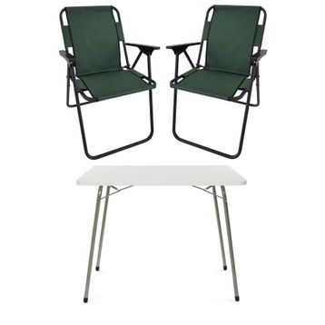 Bofigo Beyaz 60x80 cm Kamp Masası + Katlanabilir Ahşap Kollu 2 Adet Yeşil Kamp Sandalyesi