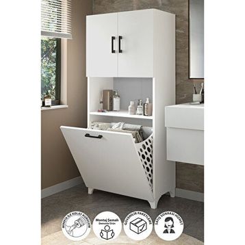 Bofigo Damla Beyaz Çamaşır Sepetli Çok Amaçlı Banyo Dolabı