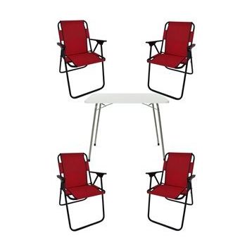 Bofigo Katlanır Beyaz 60x80 cm Masa + Katlanır Kırmızı 4 Adet Sandalye Kamp Seti