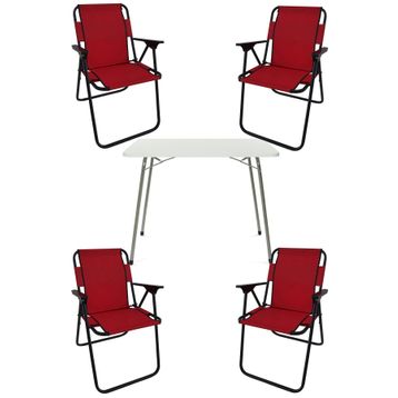 Bofigo Katlanır Beyaz 60x80 cm Masa + Katlanır Kırmızı 4 Adet Sandalye Kamp Seti