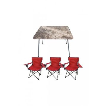 Bofigo Katlanır Beyaz Mermer Desenli 60x80 cm Kamp Masası + Katlanabilir Ahşap Kollu 3 Adet Kırmızı Sandalye Kamp Seti