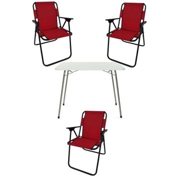 Bofigo Katlanır Beyaz Mermer Desenli 60x80 cm Kamp Masası + Katlanabilir Ahşap Kollu 3 Adet Kırmızı Sandalye Kamp Seti