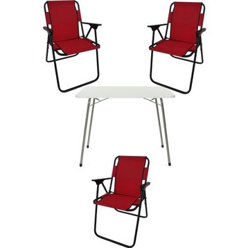Bofigo Katlanır Beyaz Mermer Desenli 60x80 cm Kamp Masası + Katlanabilir Ahşap Kollu 3 Adet Kırmızı Sandalye Kamp Seti