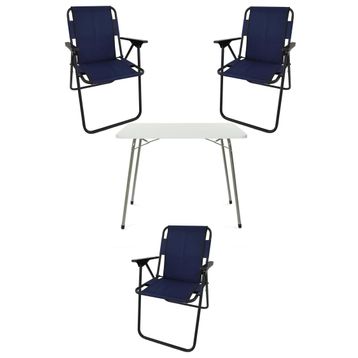Bofigo Katlanır Beyaz Mermer Desenli 60x80 cm Kamp Masası + Katlanabilir Ahşap Kollu 3 Adet Lacivert Sandalye Kamp Seti