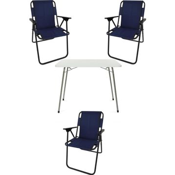 Bofigo Katlanır Beyaz Mermer Desenli 60x80 cm Kamp Masası + Katlanabilir Ahşap Kollu 3 Adet Lacivert Sandalye Kamp Seti