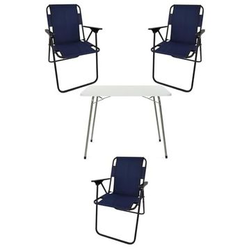 Bofigo Katlanır Beyaz Mermer Desenli 60x80 cm Kamp Masası + Katlanabilir Ahşap Kollu 3 Adet Lacivert Sandalye Kamp Seti