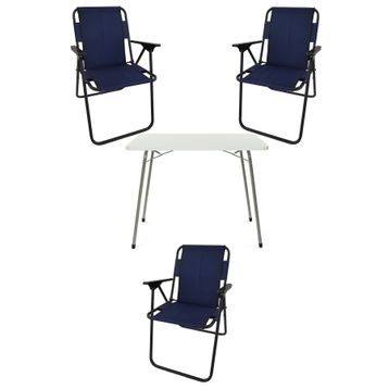 Bofigo Katlanır Beyaz Mermer Desenli 60x80 cm Kamp Masası + Katlanabilir Ahşap Kollu 3 Adet Lacivert Sandalye Kamp Seti