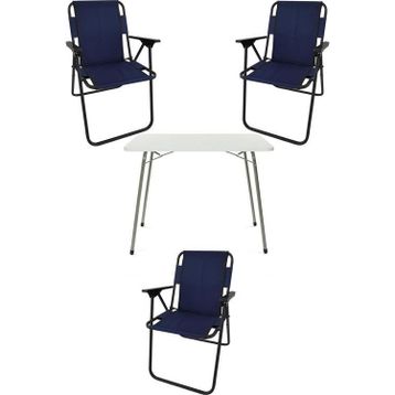 Bofigo Katlanır Beyaz Mermer Desenli 60x80 cm Kamp Masası + Katlanabilir Ahşap Kollu 3 Adet Lacivert Sandalye Kamp Seti