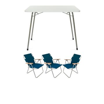 Bofigo Katlanır Beyaz Mermer Desenli 60x80 cm Kamp Masası + Katlanabilir Ahşap Kollu 3 Adet Mavi Sandalye Kamp Seti