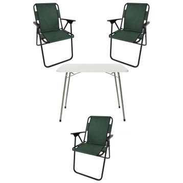Bofigo Katlanır Beyaz Mermer Desenli 60x80 cm Kamp Masası + Katlanabilir Ahşap Kollu 3 Adet Yeşil Sandalye Kamp Seti
