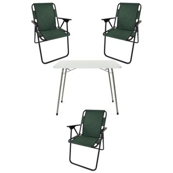 Bofigo Katlanır Beyaz Mermer Desenli 60x80 cm Kamp Masası + Katlanabilir Ahşap Kollu 3 Adet Yeşil Sandalye Kamp Seti