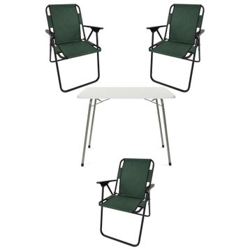 Bofigo Katlanır Beyaz Mermer Desenli 60x80 cm Kamp Masası + Katlanabilir Ahşap Kollu 3 Adet Yeşil Sandalye Kamp Seti