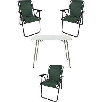 Bofigo Katlanır Beyaz Mermer Desenli 60x80 cm Kamp Masası + Katlanabilir Ahşap Kollu 3 Adet Yeşil Sandalye Kamp Seti