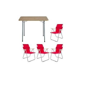 Bofigo Katlanır Çam Desenli 60x80 cm Masa + Katlanır Kırmızı 4 Adet Sandalye Kamp Seti