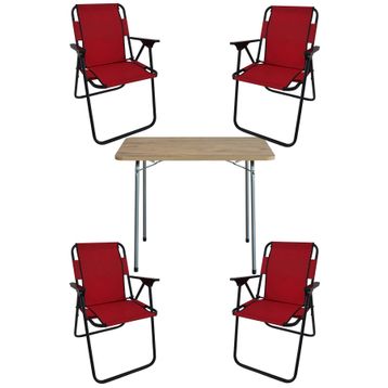 Bofigo Katlanır Çam Desenli 60x80 cm Masa + Katlanır Kırmızı 4 Adet Sandalye Kamp Seti