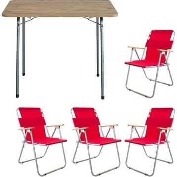 Bofigo Katlanır Çam Desenli 60x80 cm Masa + Katlanır Kırmızı 4 Adet Sandalye Kamp Seti