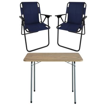 Bofigo Katlanır Çam Desenli 60x80 cm Masa + Katlanır Lacivert 2 Adet Sandalye Kamp Seti