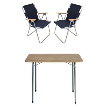 Bofigo Katlanır Çam Desenli 60x80 cm Masa + Katlanır Lacivert 2 Adet Sandalye Kamp Seti
