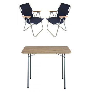 Bofigo Katlanır Çam Desenli 60x80 cm Masa + Katlanır Lacivert 2 Adet Sandalye Kamp Seti