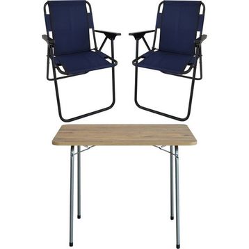 Bofigo Katlanır Çam Desenli 60x80 cm Masa + Katlanır Lacivert 2 Adet Sandalye Kamp Seti