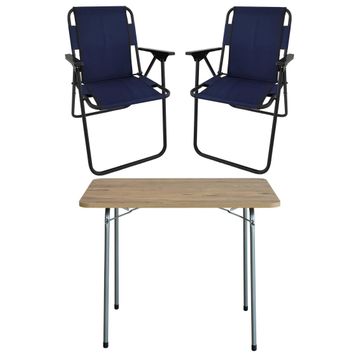 Bofigo Katlanır Çam Desenli 60x80 cm Masa + Katlanır Lacivert 2 Adet Sandalye Kamp Seti