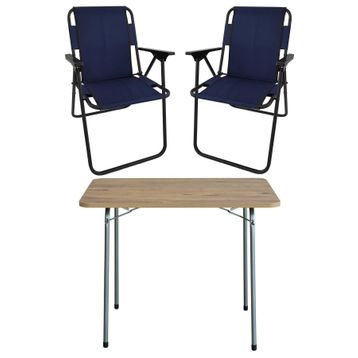 Bofigo Katlanır Çam Desenli 60x80 cm Masa + Katlanır Lacivert 2 Adet Sandalye Kamp Seti
