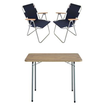 Bofigo Katlanır Çam Desenli 60x80 cm Masa + Katlanır Lacivert 2 Adet Sandalye Kamp Seti