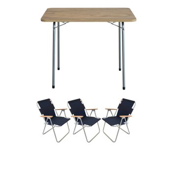 Bofigo Katlanır Çam Desenli 60x80 cm Masa + Katlanır Lacivert 3 Adet Sandalye Kamp Seti