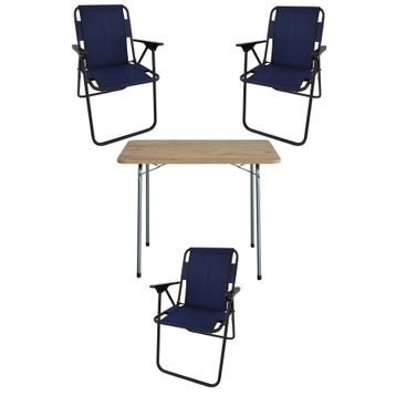 Bofigo Katlanır Çam Desenli 60x80 cm Masa + Katlanır Lacivert 3 Adet Sandalye Kamp Seti